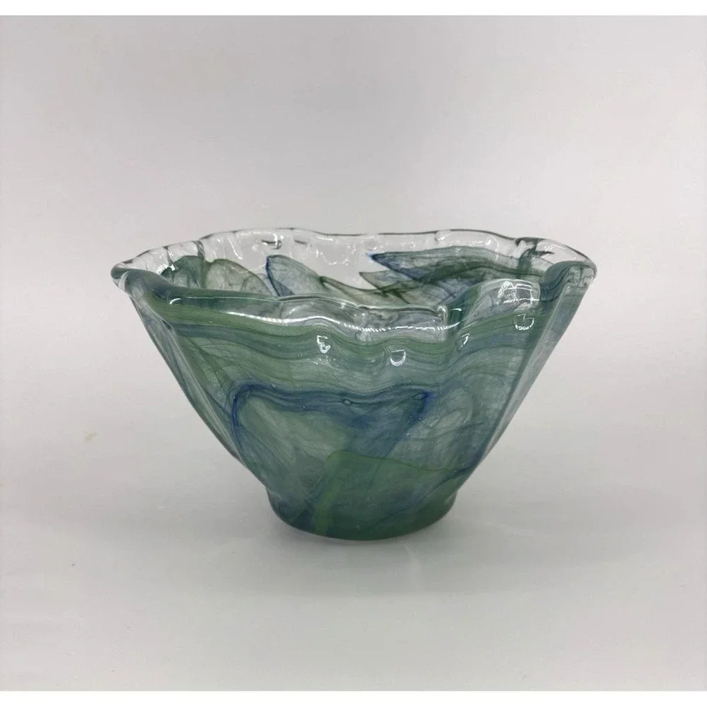 Murano Italy Hand Blown Art Glass Decorative Centerpiece Bowl Blue Green Wavy